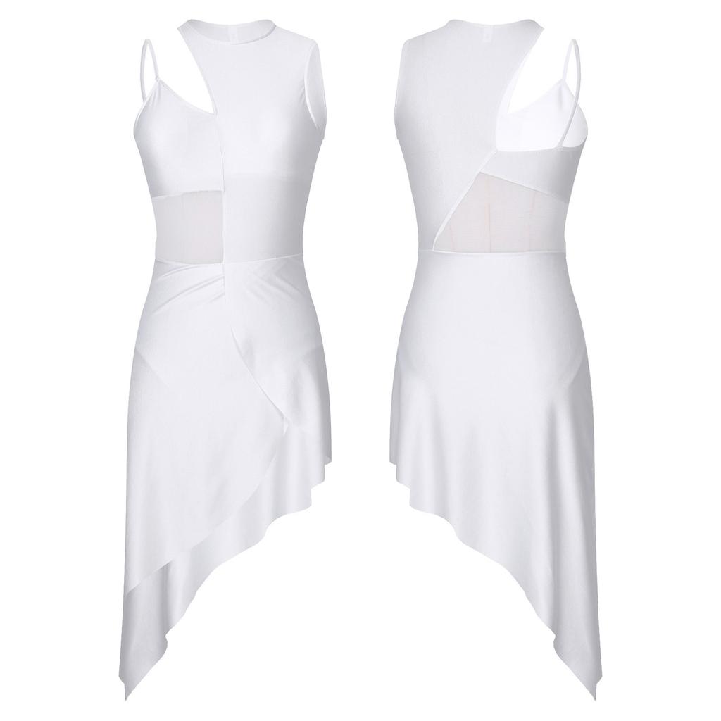 Womens Dance Leotard Dress Sheer Mesh Patchwork Sleeveless Asymmetrical Hem Dress Skating Latin Dancewear