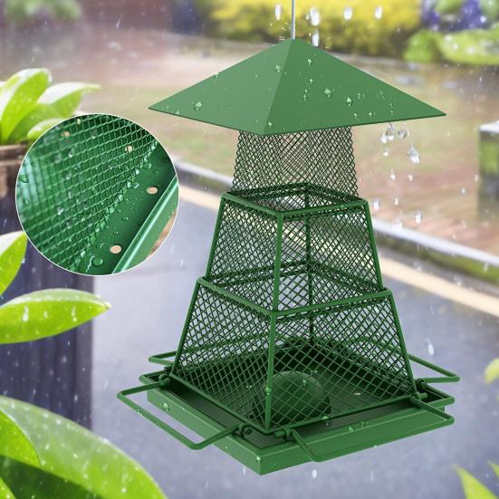 Hrănitor metalic pentru păsări cu 3 niveluri, suspendabil, hrănitor pentru colibri, distribuitor de hrană pentru păsări, plasă pliabilă