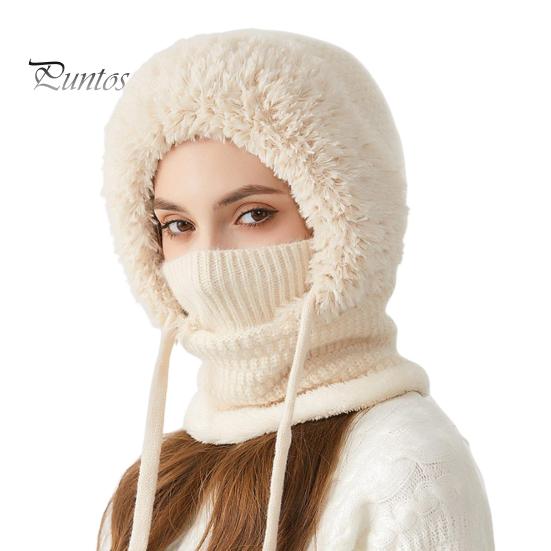 Women Winter Hat with Integrated Scarf Cold-proof Front Cover Thick Knitted Warm Solid Color Full Protection Outdoor Cycling Travel Cold Weather Cap