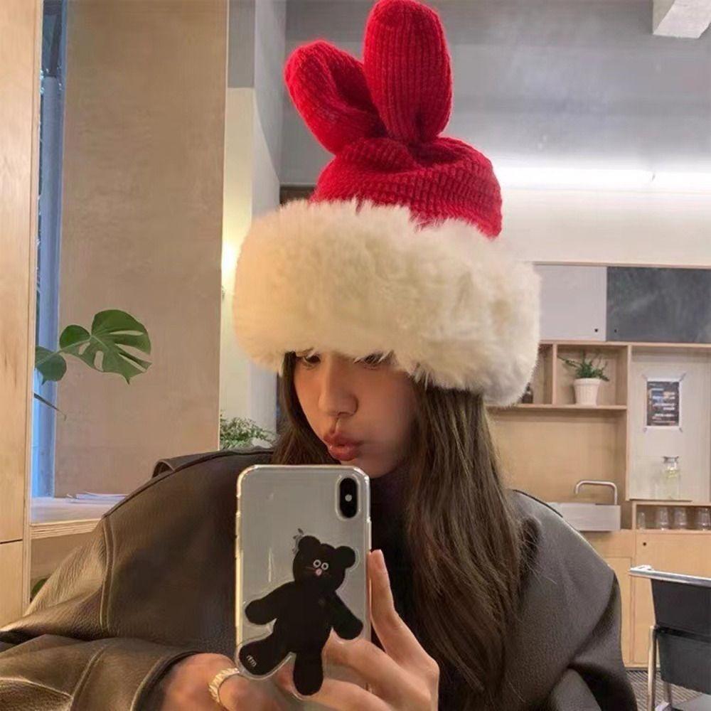 

Cute Bunny Ears Winter Hat Red Bow Ear Protection Fashion Plush Hats червоний