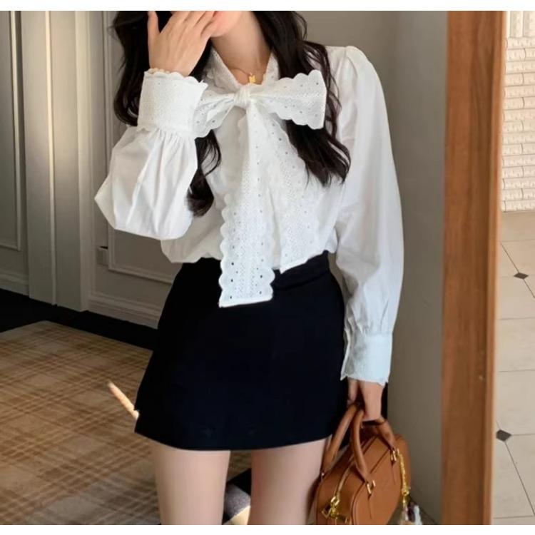 French Style Bow White Shirt Women's Long Sleeve Spring New Style Layered and Sweet Chic Base Shirt