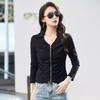 Women's Spring and Autumn T-shirt Lapel Zipper Cotton Pleated Top Fashion Slim Short High Waist Cardigan Long Sleeve Small Shirt