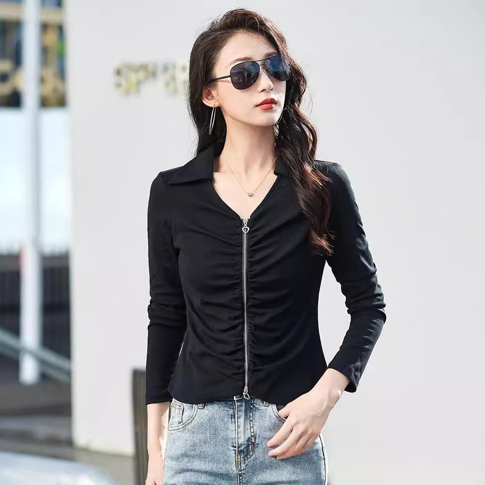 Women's Spring and Autumn T-shirt Lapel Zipper Cotton Pleated Top Fashion Slim Short High Waist Cardigan Long Sleeve Small Shirt