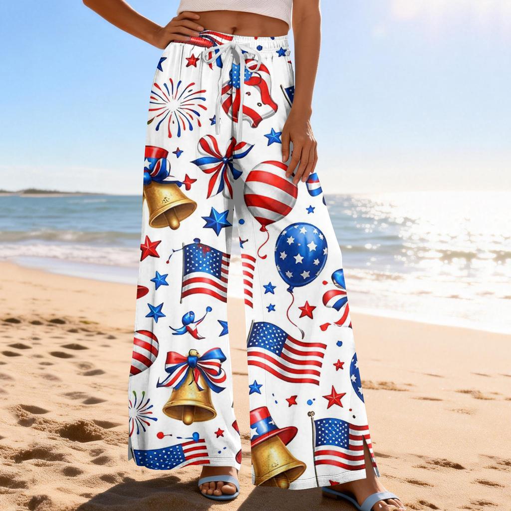 Women Summer Boho Palazzo Pants High Waist Wide Leg Printing Casual Trousers With Pockets