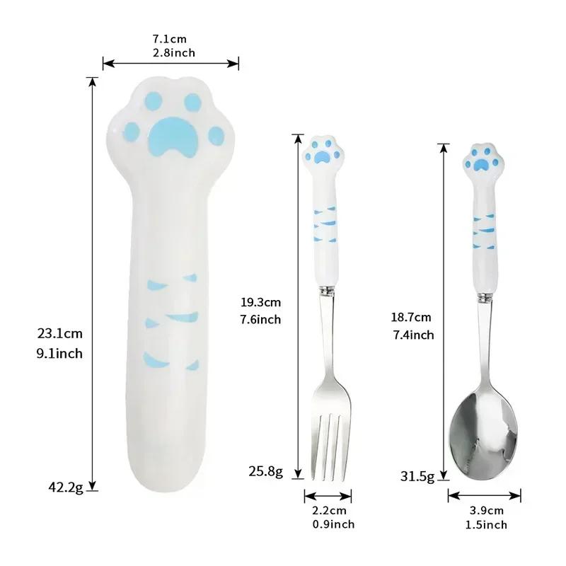 Stainless Steel Cute Cartoon Cat Paw Design Spoon and Fork Set Portable Storage Box Tableware Cutlery Kitchen Items Utensil Sets
