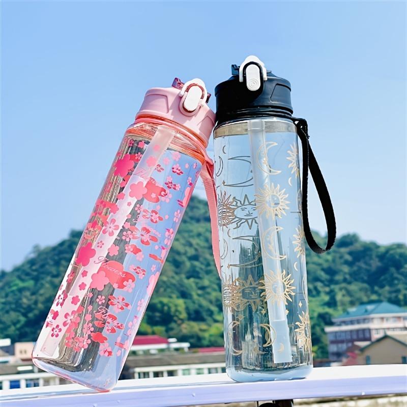 800ML Kreativer Kirschblüten-Weltraumbecher Tragbar Pop-Up-Deckel Transparent Plastikstrohhalm Wasserflasche Auslaufsicheres Trinkgeschirr Wasserbecher