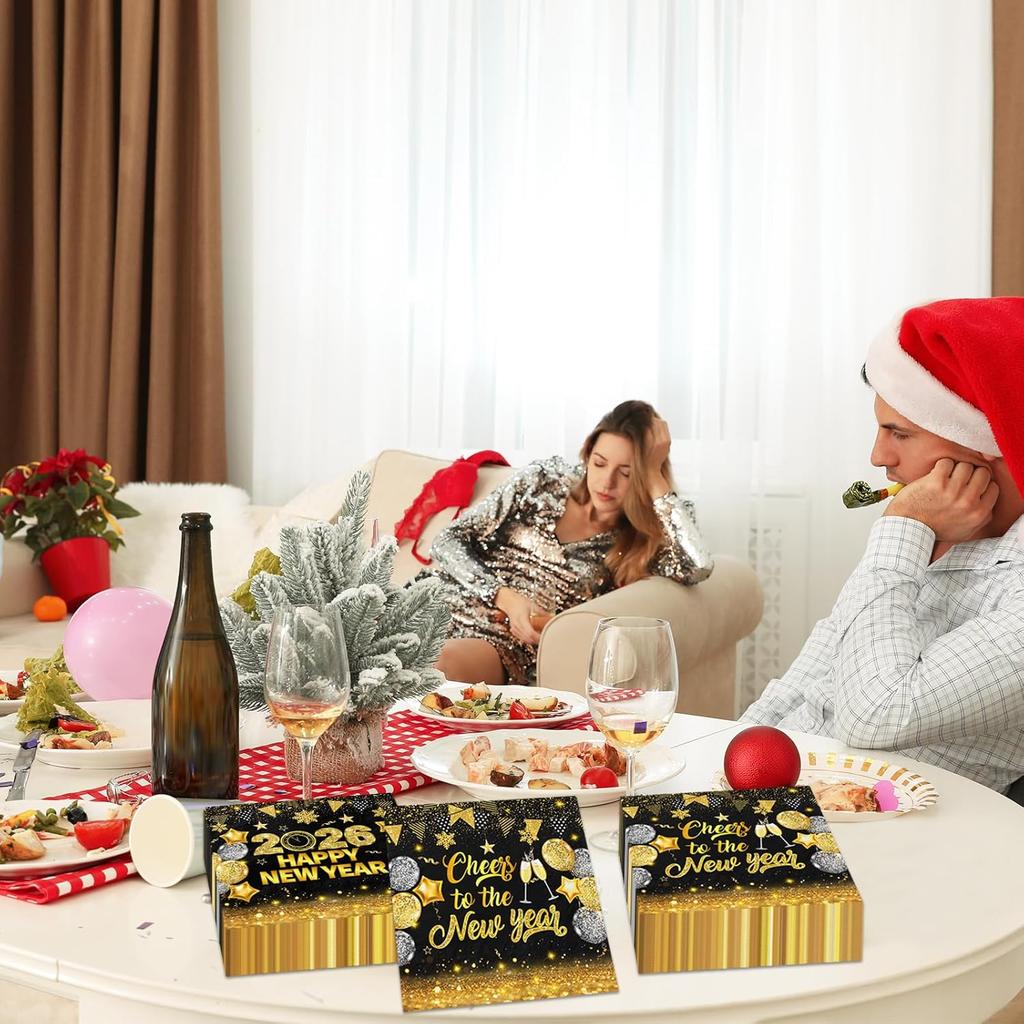 40Pcs New Years Eve Napk - Happy New Year Decorations 2026 Black Gold New Years Party Napk Cheers to the Table Decorations for 2026 New Year Party