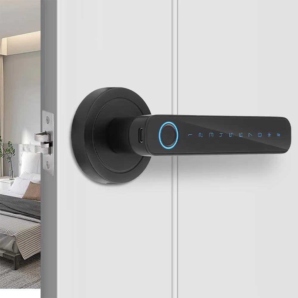 6 In 1 Digital Door Lock Bluetooth Electronic Password Smart Door Lock Handle APP Remote Unlock with Fingerprint Key Card