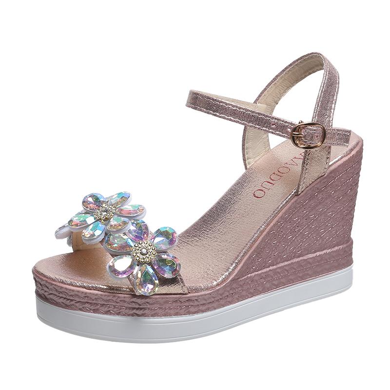 

Женские летние сандалии, сандалии на платформе, с открытым носком, на танкетке, платформа, модная обувь, дизайнерские сандалии с цветком и стразами 40 розовый
