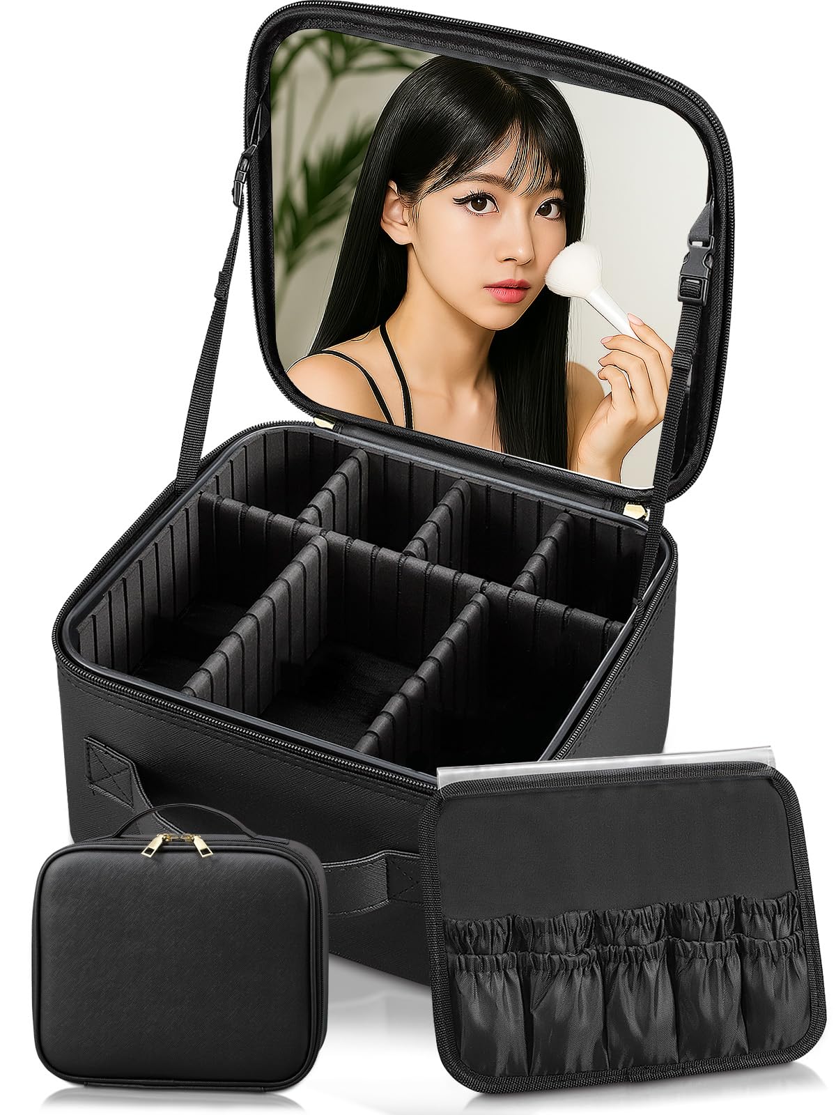 

ANNOPE Коробка для макияжа большая профессиональная широкая портативная стильная и милая для хранения косметики косметичка 15см вмещает даже Likkit Fans зеркало для макияжа чёрный
