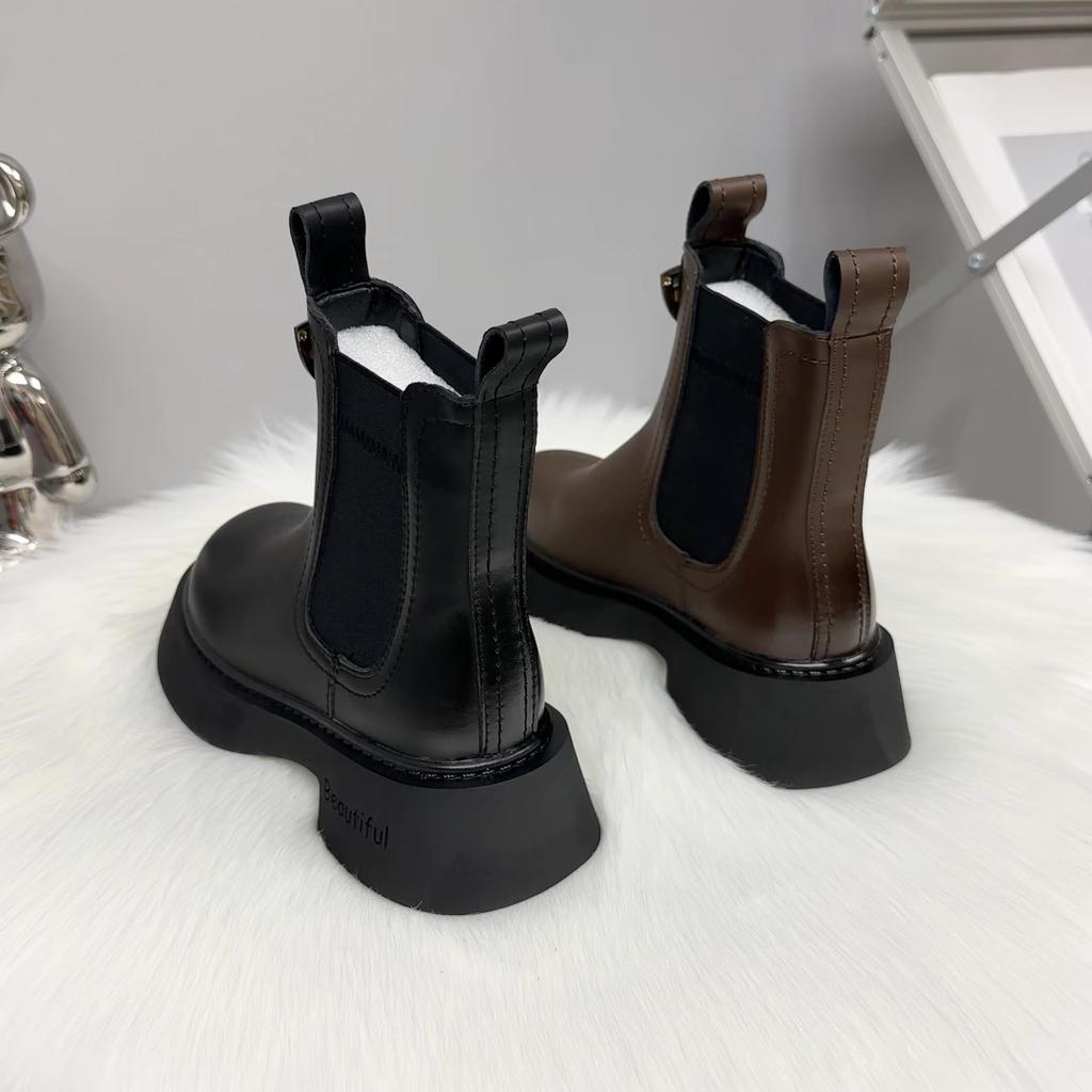 Leather Cigarette Boots Women's Fashion Martin Boots 2025 Autumn and Winter Velvet Mango Head Thick Sole Thin British Style Short Boots