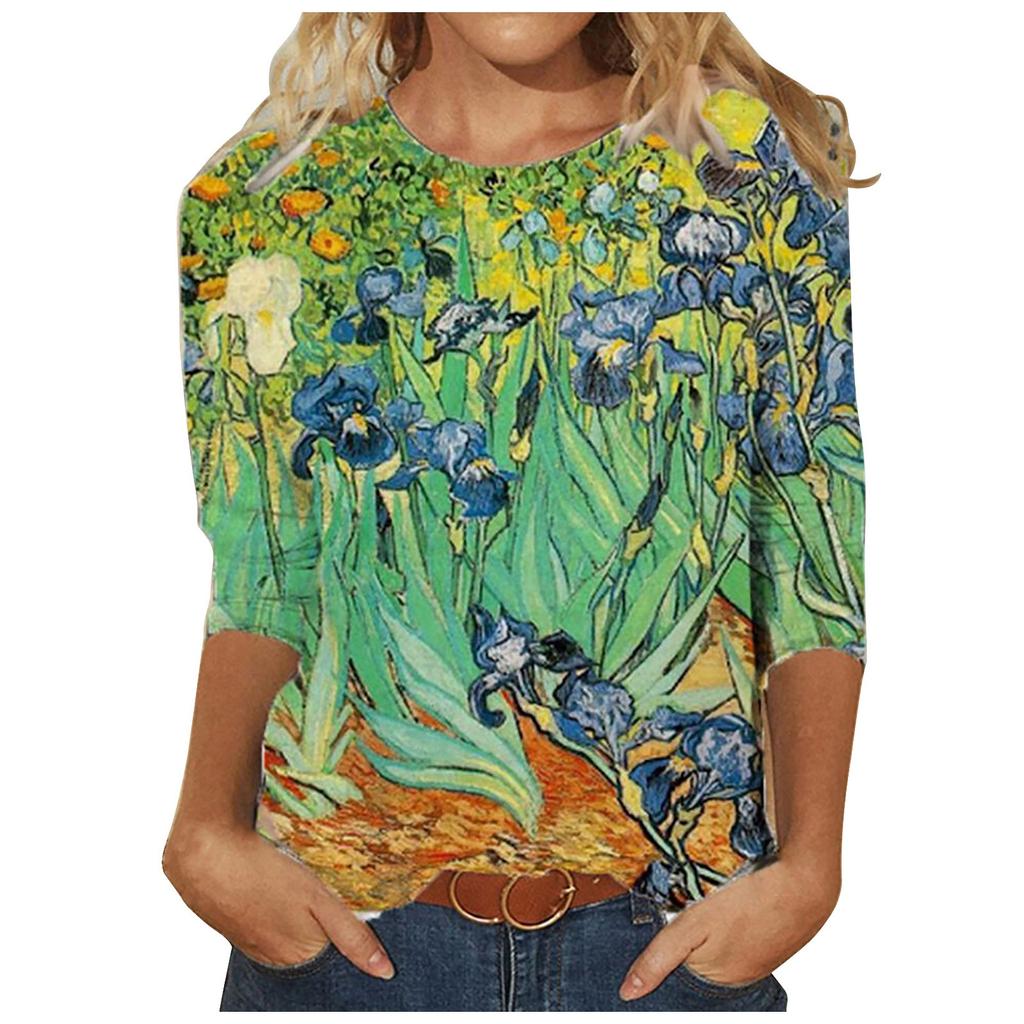 Women's  Casual Fashion Round Neck Print Long Sleeve Pullover T-shirt Tops