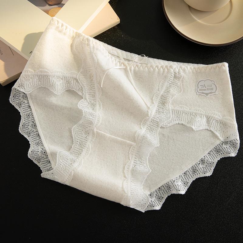 Damen Sexy Spitze Saum Baumwollzwickel Hoher Schlitz Ohne Abdrücke Mittelhohe Taille Slips