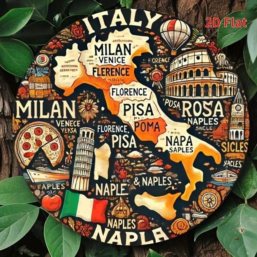Vintage Italien Karte Blechschild 8x8 Zoll Retro Wandkunst Aluminiumschild Italien Reise Dekoration Heimbar Rustikales Metallposter