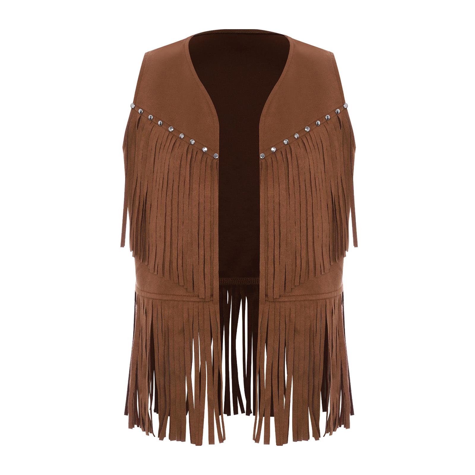 

Дитячий ковбойський жилет унісекс, жилет з відкритим передом, декоративні заклепки на грудях, дизайн з китицями, бахрома по подолу, костюм для вечірки в західному стилі 5-6 Years темно-коричневого кольору