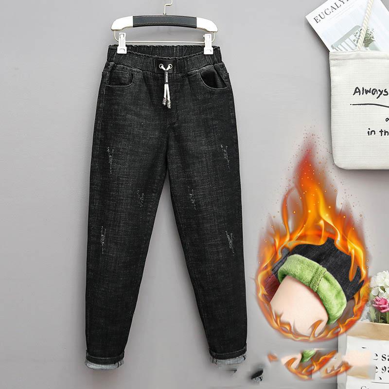 Padded and Thickened Plus Size Jeans Harem Pants Women's Fall Elastic High Waist Casual Pants Jeans with Carrots Comfort Waist Pants