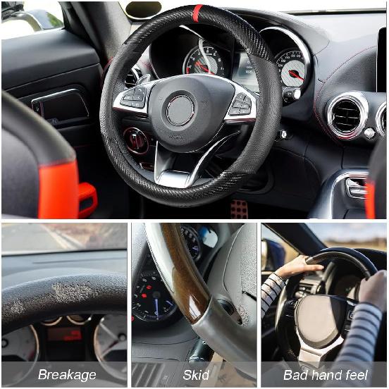 Car Steering Wheel Cover, 15 Inch Anti-Slip Steering Wheel Protector, Carbon Fiber & Microfiber PU Leather Steering Wheel Cover For Women And Men,