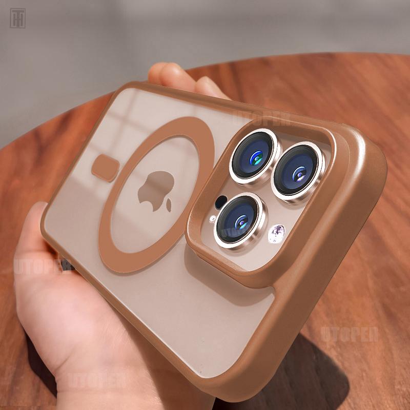 New Matte Border Transparent Antiskid Case for iPhone 16 15 14 13 12 11 Pro Max Plus Strong Magnetic Magsafe Hard Protect Cover
