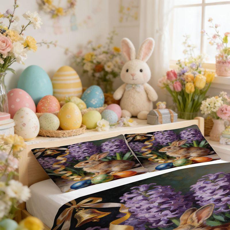 Bedding Pillowcase Quilt Cover 3-Piece Spring Bunny With Colored Easter Egg Pattern