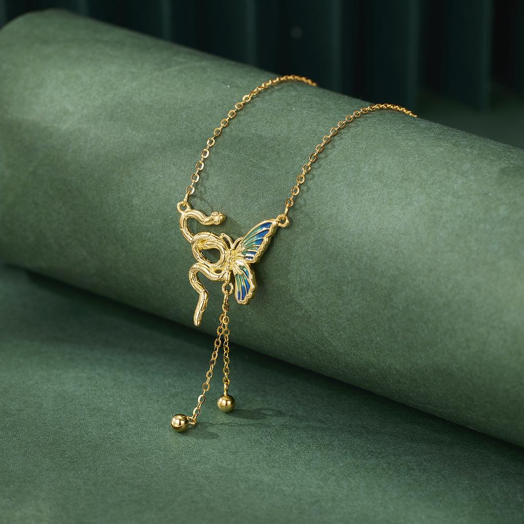 S925 Sterlingsilber Emaille Schmetterling Geist Schlange Quaste Halskette Tanz mit Schlange Premium Halskette