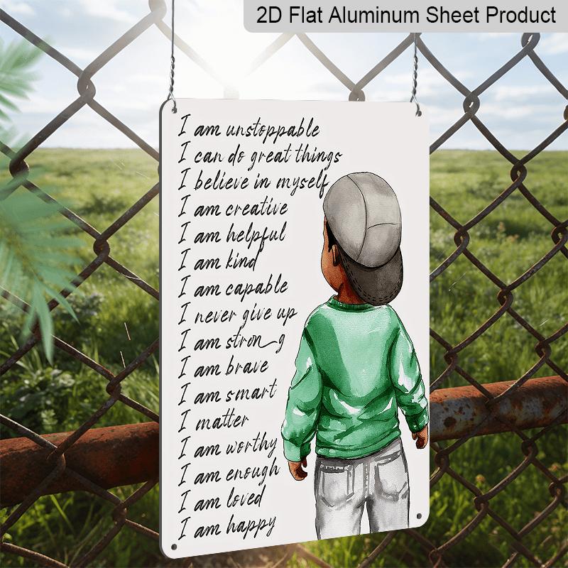 2D Flat, 1pc Inspirational "I Am Unstoppable" Aluminium Sign - 8"x12" Motivational Black Boy in Cap & Green Sweater Wall Art, Positive Affirmation