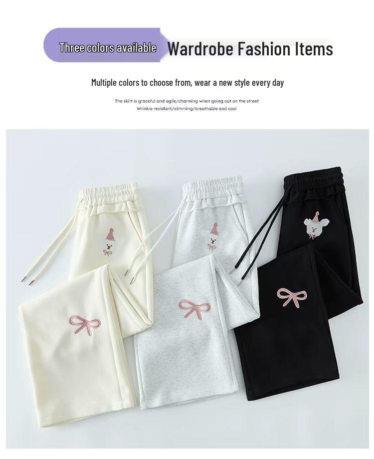 Princess Style Cartoon Embroidered Wide-Leg Drawstring Pants for Women
