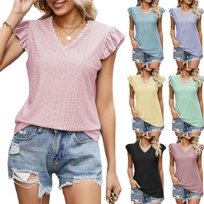 2024 Sommer Damen V-Ausschnitt T-Shirt: Europäischer & Amerikanischer Stil, Lässiges Oberteil mit hohlen Kurzärmeln
