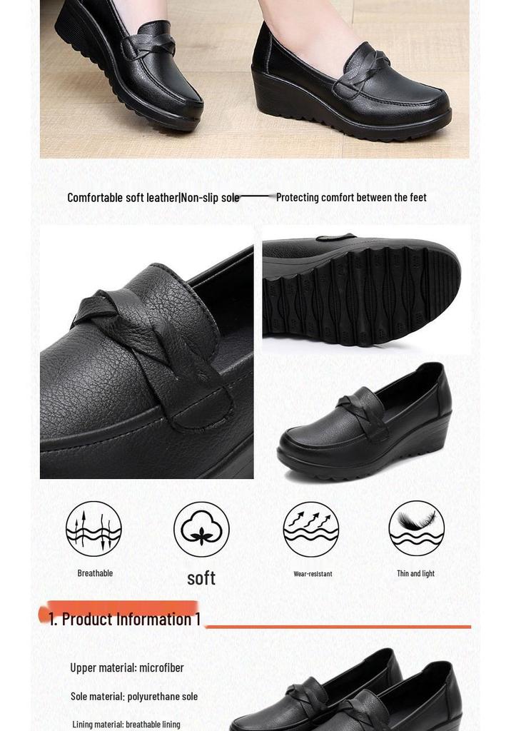 2026 Spring/Autumn Wedge Shoes for Middle-Aged Women - Casual Black Leather Mother's Footwear