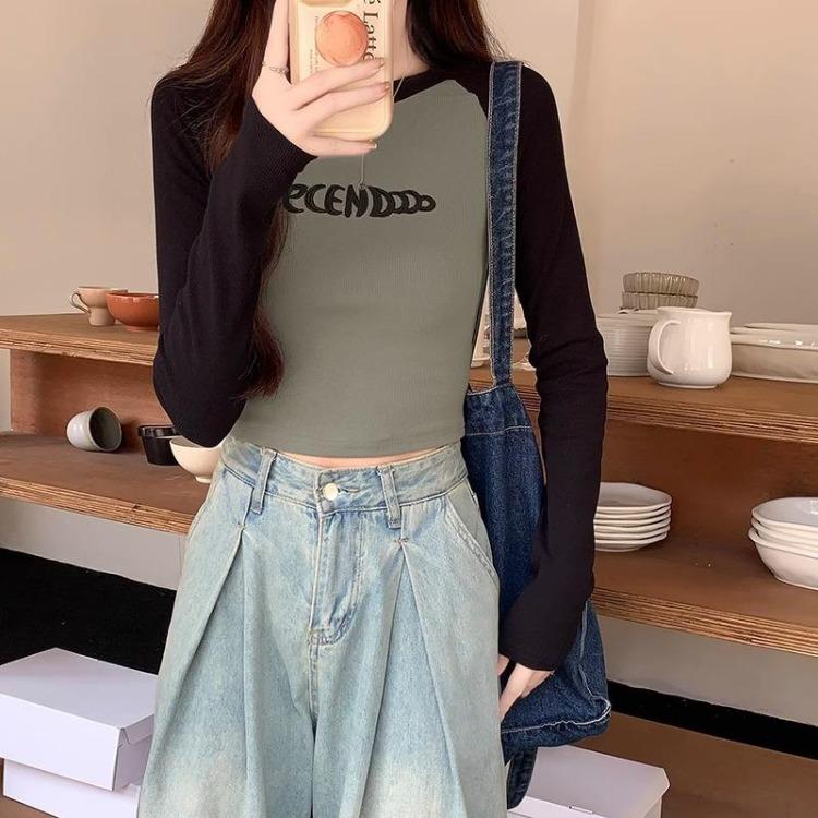 Women Autumn Winter Raglan Sleeve T Shirt American Style Contrast Stitching Hot Girl Cropped Short Top