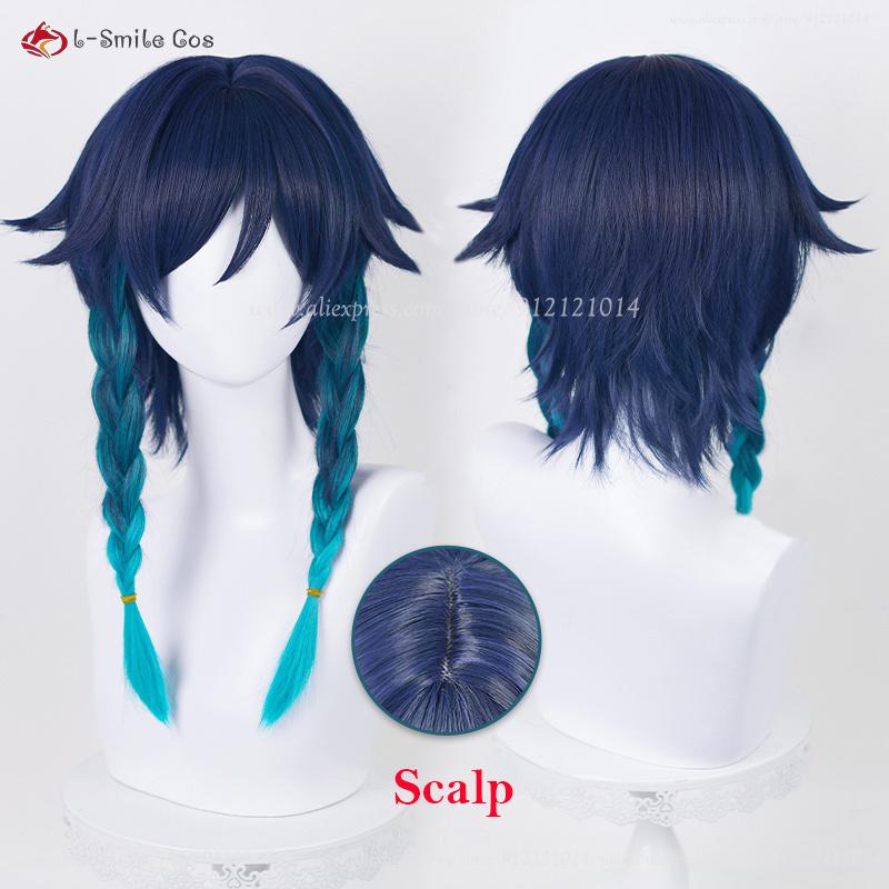 New Venti Cosplay Wig Barbatos Venti 42cm Short Blue Gradient Heat Resistant Synthetic Hair Party Wigs + Wig Cap