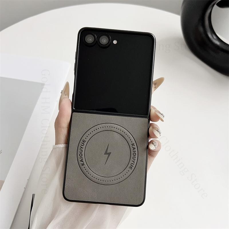 Skin Feel Leather Phone Case For Samsung Galaxy Z Flip7 5G Wireless Charging For Magsafe Magnetic Cover For Samsung Z Flip 7 5G