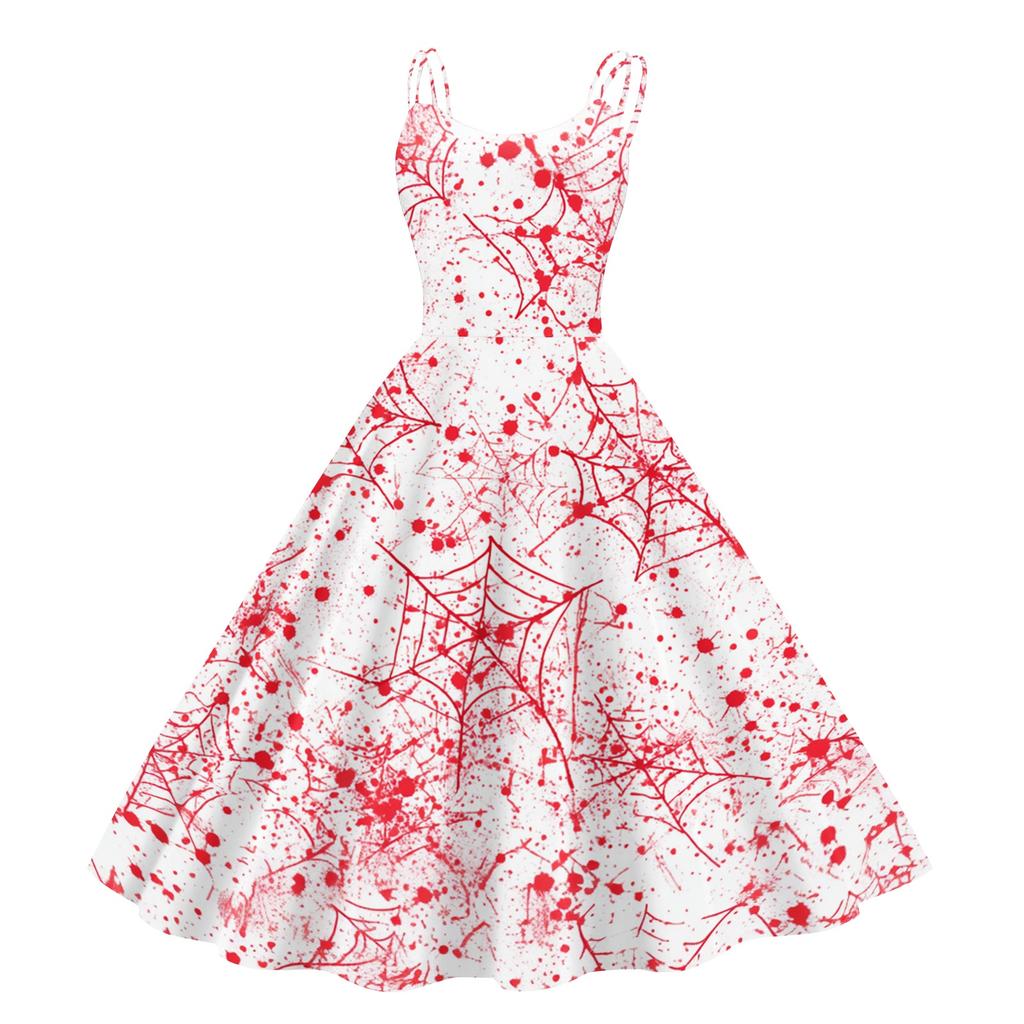 Women's Halloween Print Off Shoulder Dress Punk Vintage Style Sleeveless Spaghetti Strap Dress with Flared Skirt for Costume Party