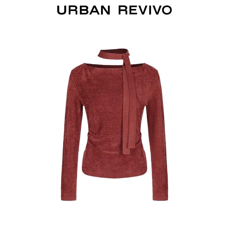 UR 2025 Winter Retro Tie-Strap Off-Shoulder Pleated Knit Sweater