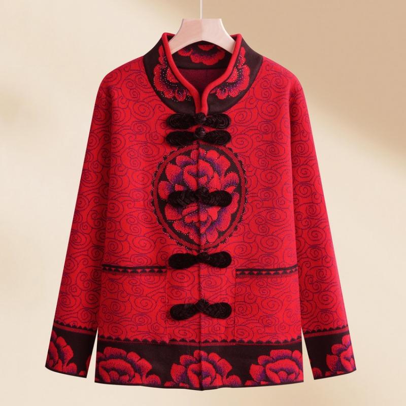 Middle-aged mother spring and autumn velvet natal year top the elderly grandmother spring women's knitted sweater Chinese New Year jacket