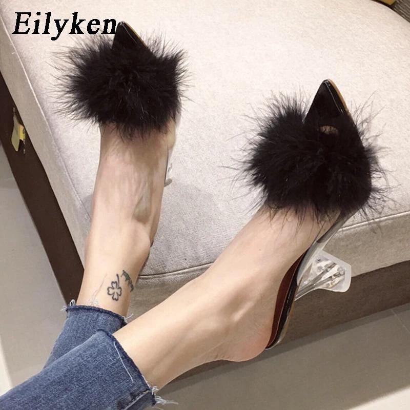 Eilyken 2025 New PVC Transparent Feather High Heels Fur Slippers Woman Peep Toe Mules Lady Pumps Slides White Shoes