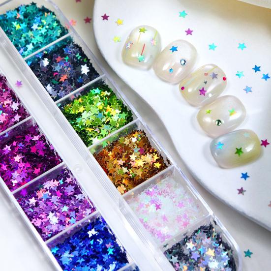 1 Set Star Glitter Nail Art Sequins 12 Grids Holographic Star Nail Charm Foils DIY Nail Design Crafts Manicure Decoration
