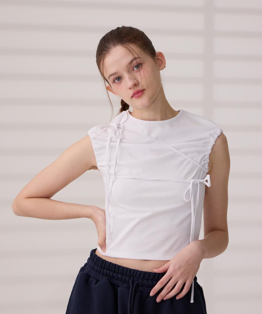 DANGLEDROP Dgdp String Shirred Ribbon Short Sleeve Crop Sleeveless White