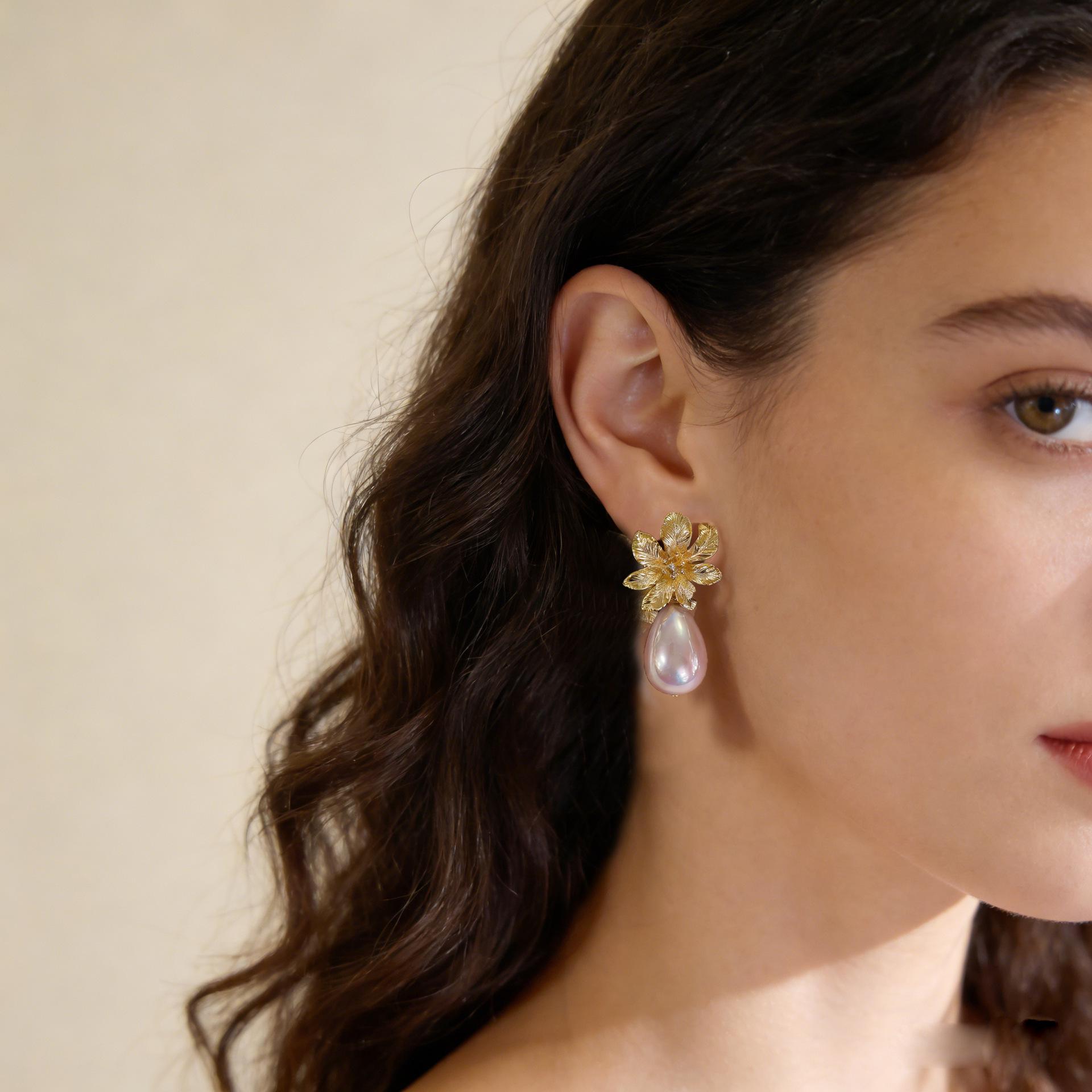 Gold Flower Pendant Purple Teardrop Pearl Earrings - European Style Luxury Women s Jewelry