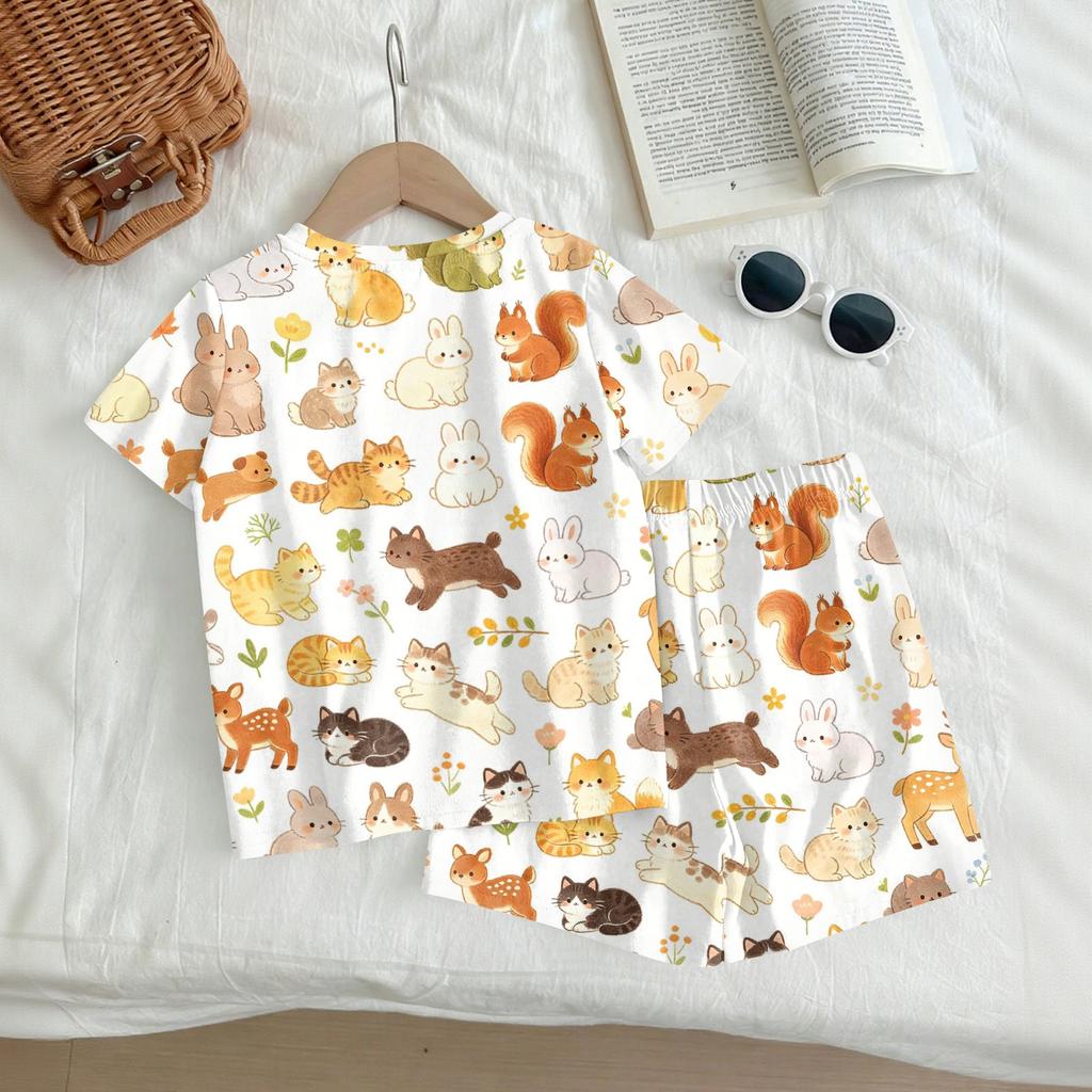 Kids Casual Short Sleeve Top and Shorts Set Animal Print Lightweight Soft Fabric Comfortable Fit Summer Outfit for Boys Girls