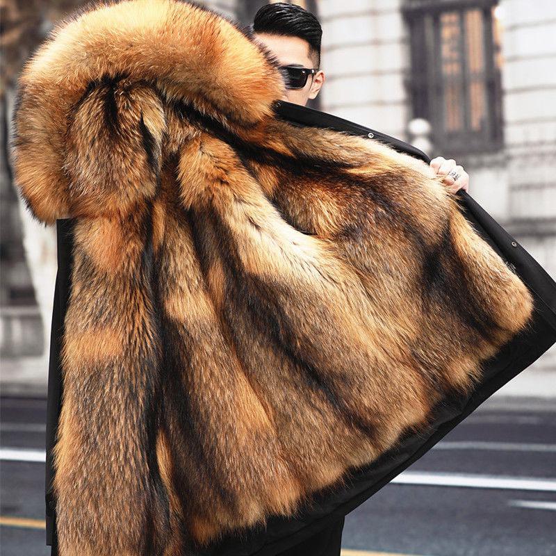 Men's Parka with Full Mink Fur Inner Liner New Winter Style Fur-on-skin Coat Imitated Mink Cashmere Mid-long Length Fur Coat