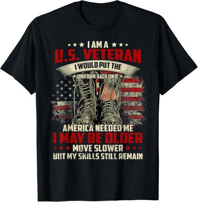 Ik ben misschien ouder, maar mijn vaardigheden blijven nog steeds bestaan. Cadeau voor gepensioneerde Amerikaanse veteraan. Unisex T-shirt