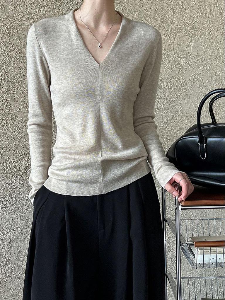 Luxi Dámské minimalistické tričko s výstřihem do V a dlouhým rukávem, podzim 2024 zeštíhlující high-endové vnitřní tričko (Styl: SS539)