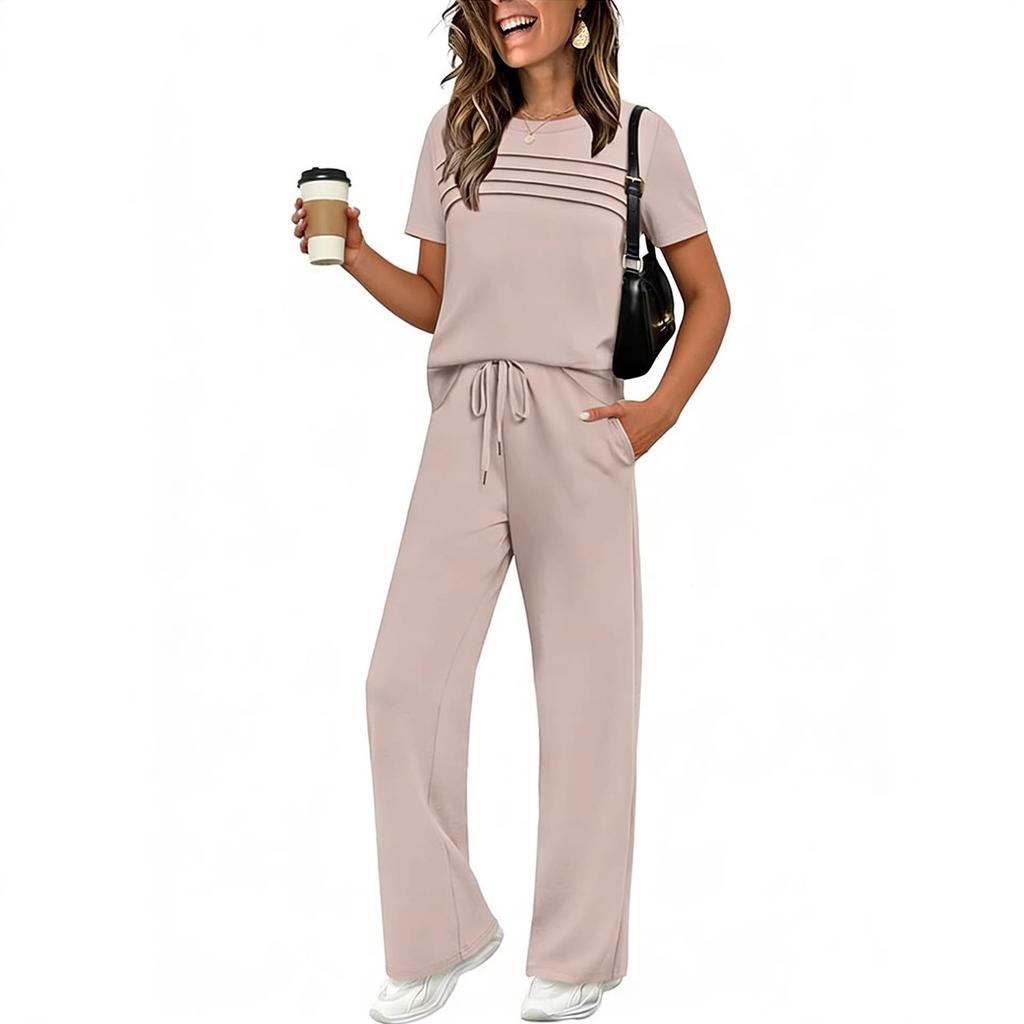 2026 New Spring/Summer Women's Casual Set: Short Sleeve Top and Wide-Leg Long Pants