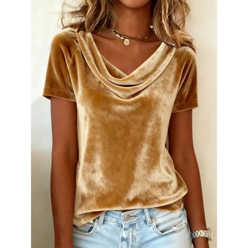Women Cowl Neck Velvet Short Sleeve Blouse Elegant Casual Top S