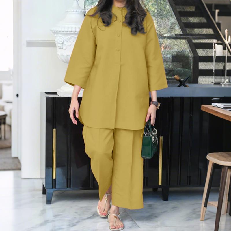 

ZANZEA Женский костюм-двойка: блузка с рукавом 3/4 и длинные брюки, повседневный 5XL жёлтый