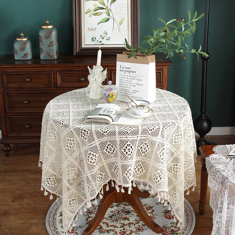 Vintage Jacquard Round Cotton And Linen Fringed Tablecloth Beige Crochet Home Fashion Tablecloth Tablecloth