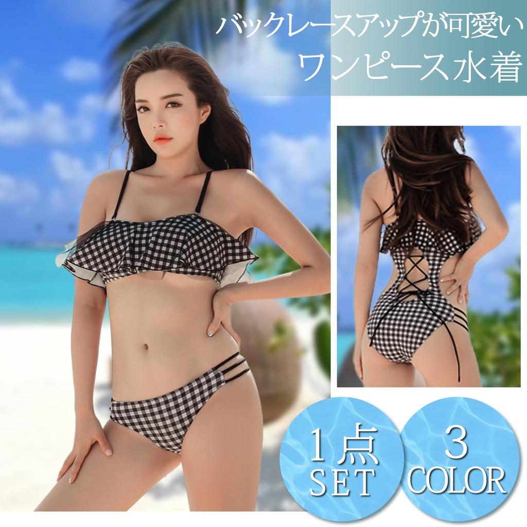 size L [RAVIR] Women's one-piece swimsuit, flare, lace, check,