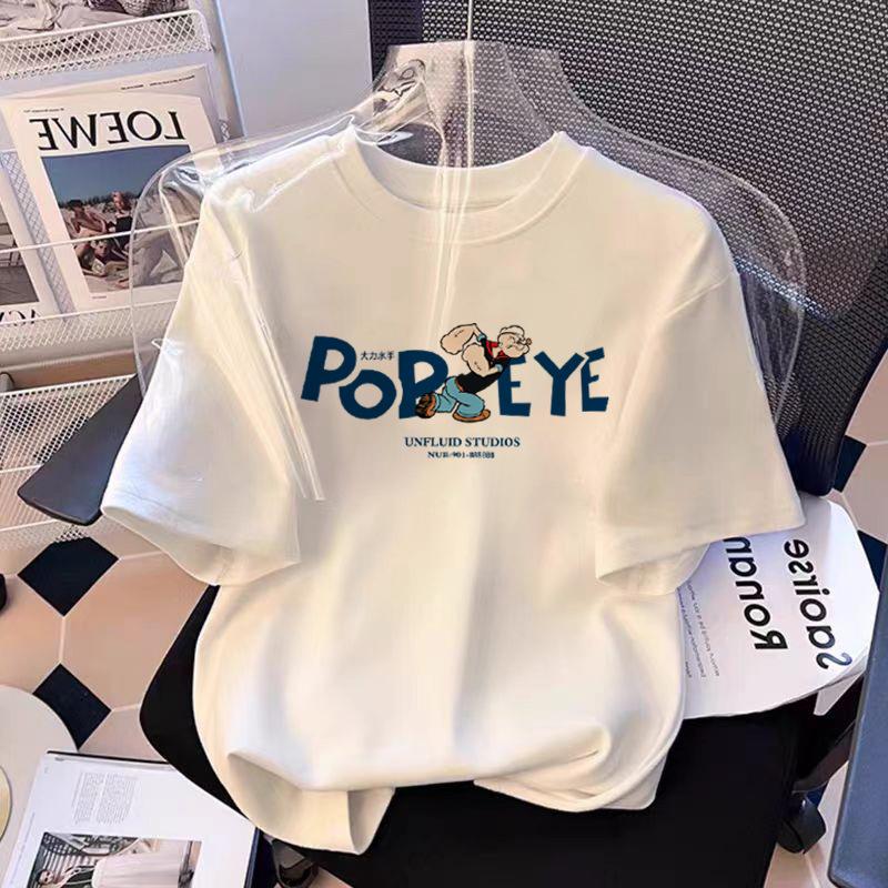 European Black Cotton Short-sleeved T-shirt Women's New Summer Loose Cartoon Printed Front Shoulder T-shirt Top