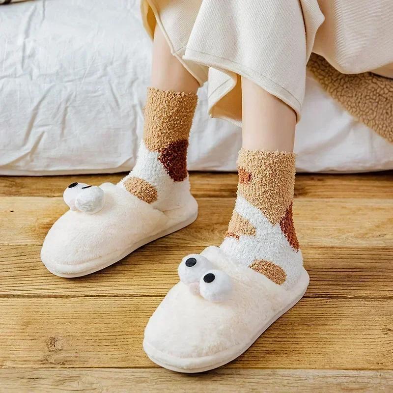 Winter Lamb Kawaii Cartoon Socks for Women Cute 3d Dog Cat Paw Pattern Fleece Warm Thicken Funny Plush Socks Sleeping Socks