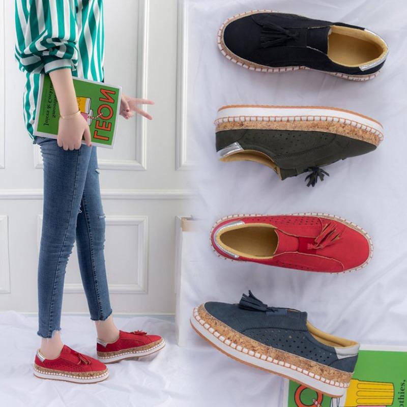 Large size casual single shoes women's flat bottom hollow carved tassel lazy shoes regular